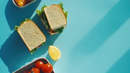 Healthy school lunch arrangement with sandwiches and fresh snacks on blue background ideal for advertising and promotional materials