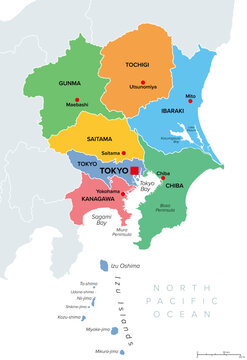 Kanto Region of Japan, colored political map. Geographical region of island Honshu, including Greater Tokyo Area, encompassing prefectures Gunma, Tochigi, Ibaraki, Saitama, Tokyo, Chiba and Kanagawa.