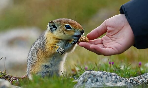 A squirrel reaching for food offered by a person in a natural setting.