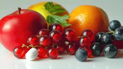 Alternative Medicine Concept with Herbal Fruits Berries and Pills on White Background