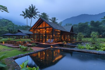 Relaxing evening retreat in a tranquil mountain lodge nature landscape photography serene environment wide angle view
