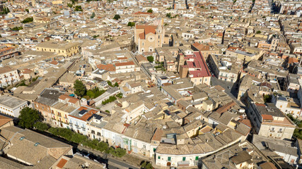 Aerial view of the historic center of Lucera, in the province of Foggia, Puglia, Italy. In the center of the town is the cathedral. 