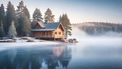 Fototapeta premium serene wooden cabin perched on the edge of a frozen lake, encircled by frosty pine trees under a tranquil winter morning mist. Perfect for seasonal designs, travel brochures, and winter-themed