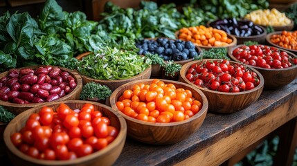 Fresh Organic Vegetables and Colorful Fruits Displayed in Wooden Bowls at a Farmers Market with Vibrant Greenery Surrounding Them