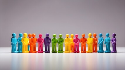 vibrant lineup of colorful toy figures stands in perfect formation, showcasing diversity and unity. The bright colors and playful arrangement make it ideal for themes of teamwork, equality, and creati