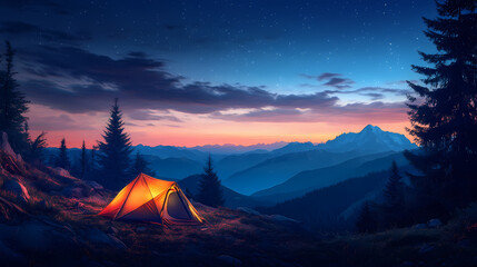 Tent on the mountain at twilight. generative ai. Twilight. Illustration