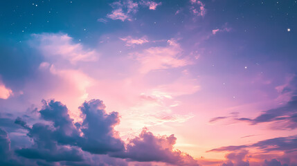 Obraz premium The sky presents a breathtaking view, with clouds in shades of purple and blue, illuminated by stars creating an enchanting atmosphere. Twilight. Illustration