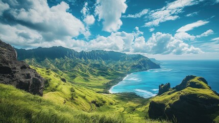 Stunning panoramic view of lush green mountains meeting a vibrant ocean under a dramatic sky with dynamic cloud formations.
