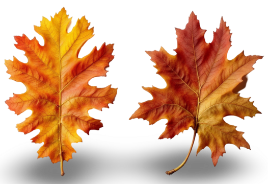 Colorful autumn leaves displaying vibrant shades of orange and yellow on a white background captured in a transparent format, highlighting the beauty of fall foliage