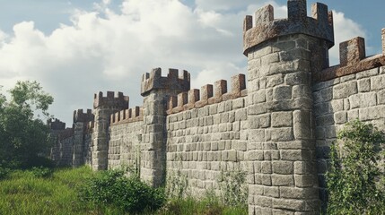 Naklejka premium Ancient medieval stone castle wall surrounded by greenery under a cloudy sky in a park setting