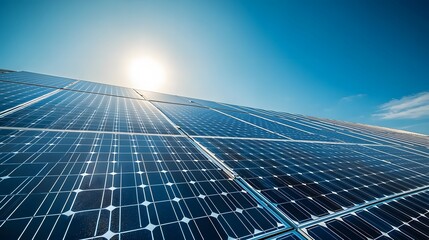 Large-scale solar panel installation photographed in desert setting. Wide-angle view captures renewable energy infrastructure and photovoltaic farm amid arid landscape under clear sky.