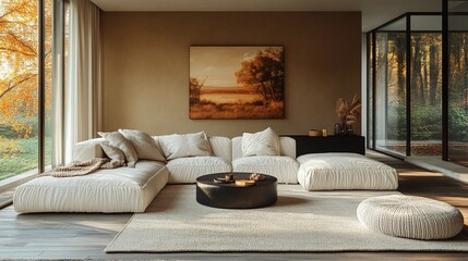 Fototapeta premium Cozy and Modern Living Room with Plush Beige Rug and L-Shaped Sofa