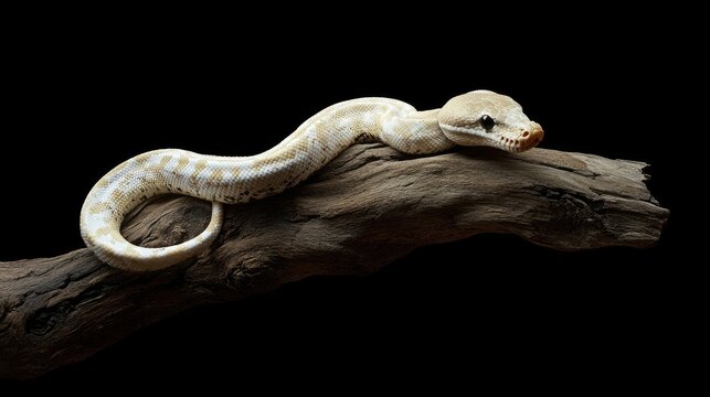 Albino Carpet Python Snake on Timber Log Branch Against a Black Background Stylish Reptile Photography for Nature and Wildlife Enthusiasts