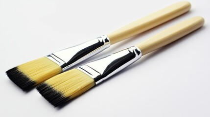 Fototapeta premium Flat paint brushes with wooden handles perfect for painting and decorating on flat surfaces in art supplies or DIY projects.