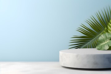 Obraz premium A minimalist display featuring a round marble platform and tropical leaves against a light background.