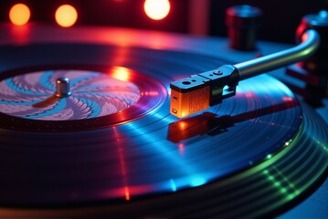 A detailed closeup view of a record player beautifully playing a record