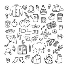 Set autumn. Blanket, jar of jam, umbrella, socks, teapot, candle. Doodle. Vector illustration. Hand drawn. Outline