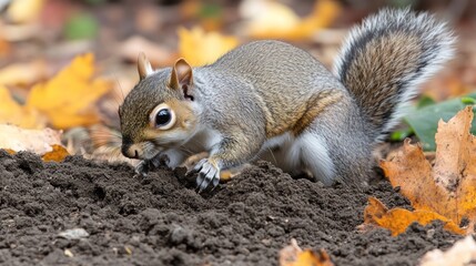 A squirrel digging in the soil amidst autumn leaves. © milenialdesastudio