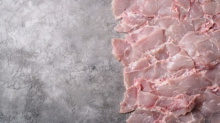 Raw thinly sliced meat on a gray stone surface ready for culinary preparation and presentation in a modern kitchen environment