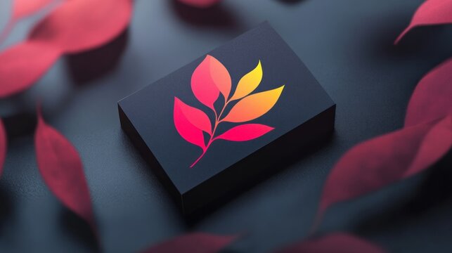 Gradient leaf logo on dark box with red leaves.