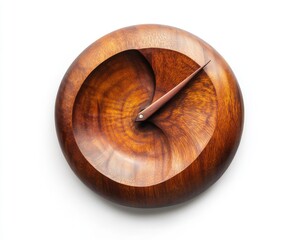 Elegant wooden clock with spiral design, isolated on white background.