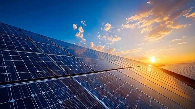 Large-scale solar panel installation photographed in desert setting. Wide-angle view captures renewable energy infrastructure and photovoltaic farm amid arid landscape under clear sky.