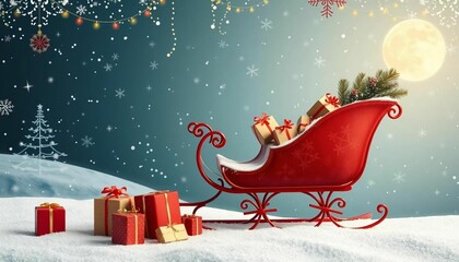 Fototapeta premium Festive banner featuring a red sleigh filled with gifts for Christmas themes