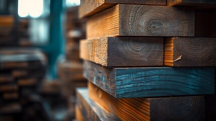 Detailed macro photography of stacked wooden planks showing&nbsp;natural grain texture of pine timber. Construction&nbsp;materials captured with warm tones and selective&nbsp;focus in natural lighting.