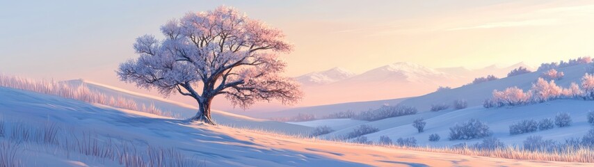 Frosty winter landscape with a snow-covered tree on a hill at sunrise.