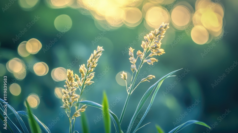 Wall mural nature inspired blue bokeh texture background featuring softly blurred grass and sunlight creating a