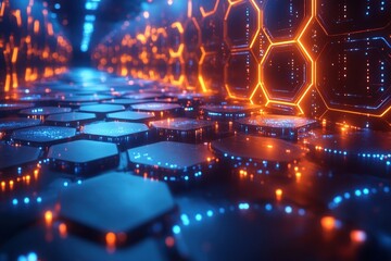 Obraz premium A futuristic corridor with hexagonal tiles and glowing lights in blue and orange hues.