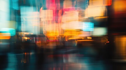 Vibrant blurred abstract background with colorful city lights and motion effect creating a dynamic urban atmosphere.