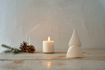 Scandinavian Christmas Aesthetic: White Wooden Background with Nordic Patterns, Natural Pine Cones, Andy Space for Text – Ideal for Holiday Promotions