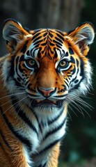 Fototapeta premium Majestic tiger gazing at the camera in a lush green environment during daylight