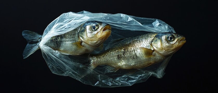 Two dead fish trapped inside a plastic bag against a black background.