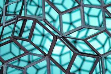Abstract Geometric Pattern With Interlocking Metal Shapes Against a Turquoise Background for Modern and Futuristic Design Concepts in Architecture and Art