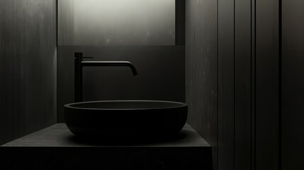 Minimalist black washbasin with modern faucet in sleek contemporary bathroom interior design.
