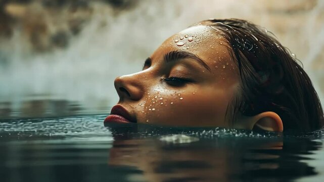Serene portrait of a relaxed woman partially submerged in tranquil water with dewy skin highlighting water wellness