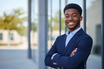 Professional young man confident smile navy blue suit light blue shirt arms crossed