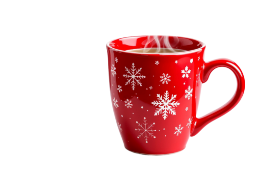 Warm coffee in a festive red mug decorated with snowflakes, perfect for cozy winter mornings and holiday gatherings, radiating warmth and comfort