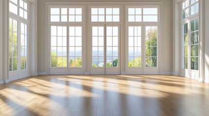 Bright and airy room interior showcasing hardwood floors and expansive windows with scenic garden views.