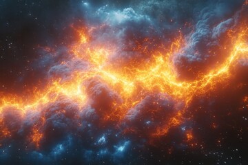 Fototapeta premium A vibrant cosmic scene depicting fiery clouds and starry background.