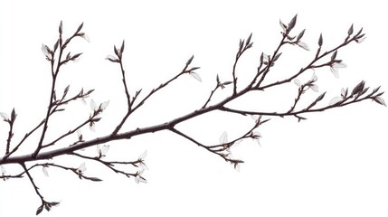 Fototapeta premium Beech tree branch with delicate blossoms isolated on white background in a clean studio setting rustic nature photography
