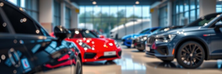 Luxury sports cars displayed in a modern showroom featuring various colors and designs during daylight