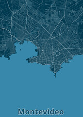 The image showcases a detailed map of Montevideo, Uruguay, rendered in a minimalist style. The city's street network is depicted in white lines against a dark blue background.