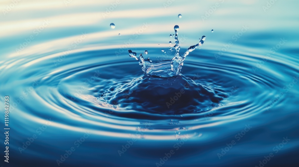 Poster rippling blue water splash effect creating dynamic patterns on a serene surface isolated on a white 