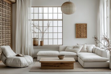 Fototapeta premium A living room photo of a combination of Scandinavian interiors and japandi interiors with minimalist, white sofa and table and pendant lighting. Generative AI 