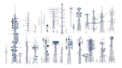 Vector illustrations of radio antennas and mobile structures.
