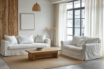 A living room photo of a combination of Scandinavian interiors and japandi interiors with minimalist, white sofa and table and pendant lighting. Generative AI
