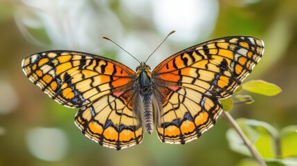 Fototapeta premium Vibrant macro shot of a butterfly perched gracefully against a soft bokeh background in lush greenery, showcasing intricate wing patterns.